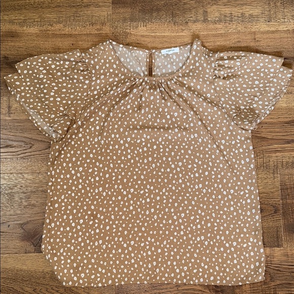Pleione Tan and White Puff Sleeve Blouse - Picture 1 of 4